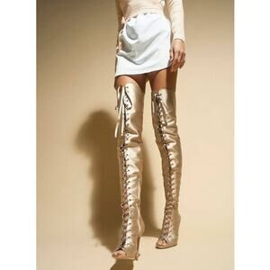 Gianvito Rossi Silk Gold Lace Up Over-The-Knee Thigh High Boots